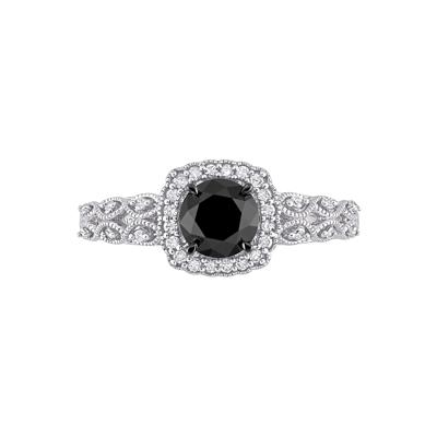 Black & White Diamond Ring with Cushion-Shaped Halo in 10K White Gold (1 1/7 ct. tw.)