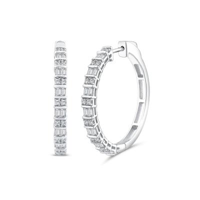 Round and Baguette Diamond Hoop Earrings in 14K White Gold (1 ct. tw.)