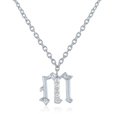 Diamond Accent Gothic Script M Initial Pendant in Sterling Silver