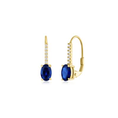 Lab-Created Blue Sapphire Oval and Diamond Accent Drop Earrings in 10K Yellow Gold