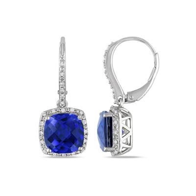 Lab Created Blue Sapphire & Diamond Drop Earrings in Sterling Silver