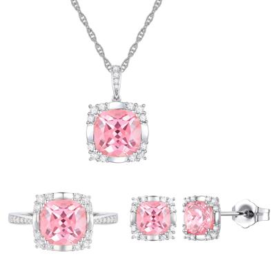 Lab-Created Pink & Lab-Created White Sapphire Ring, Earring and Pendant Set in Sterling Silver