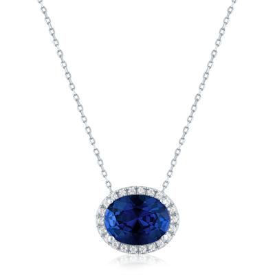 Lab-Created Blue Sapphire and Diamond Accent Halo Pendant in Sterling Silver