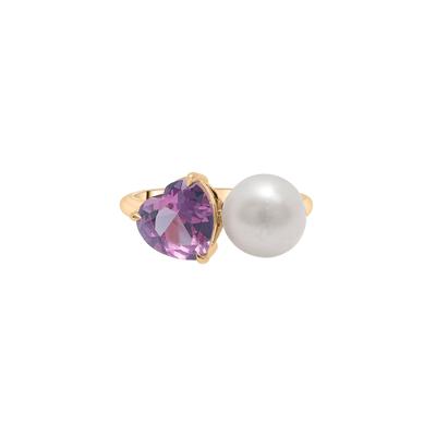 Rose de France and Freshwater Button Pearl Toi et Moi Ring in Vermeil