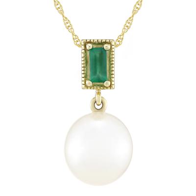 Freshwater Cultured Pearl and Emerald Pendant in 10K Yellow Gold