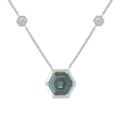 Lab-Created Alexandrite and Diamond Hexagon Necklace in 10K White Gold (1/10 ct. tw.)