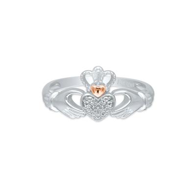 Diamond Claddagh Ring in Sterling Silver & 14K Rose Gold