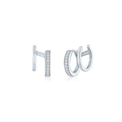 Double Hoop Huggie Earrings with Diamond Accents in Sterling Silver