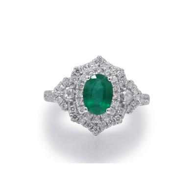 Emerald and Diamond Ornate Ring in 14K White Gold (5/8 ct. tw.)
