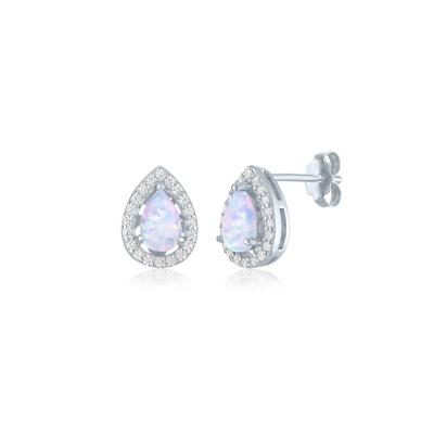 Lab-Created Pear-Shaped Opal & Diamond Halo Stud Earrings in Sterling Silver (1/5 ct. tw.)