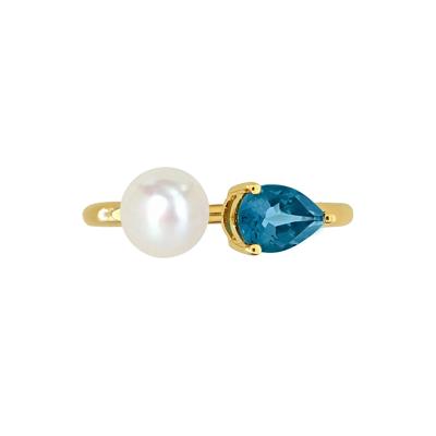 London Blue Topaz and Freshwater Pearl Bypass Ring in 10K Yellow Gold