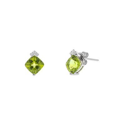Cushion-Cut Peridot & Diamond Stud Earrings in 10K White Gold
