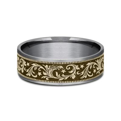 Men’s Barrel Script & Stars Wedding Band in 14K Gold & Tantalum, 7.5MM