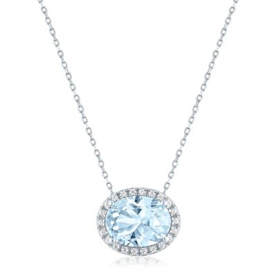 Aquamarine and Diamond Accent Halo Pendant in Sterling Silver