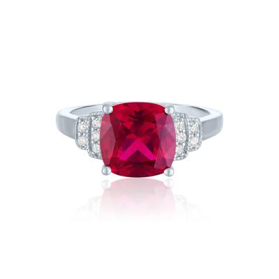 Cushion-Cut Lab-Created Ruby & Diamond Ring in Sterling Silver (1/10 ct. tw.)