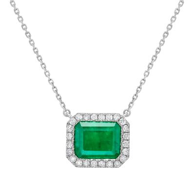 Emerald and Diamond Halo Pendant in 14K White Gold