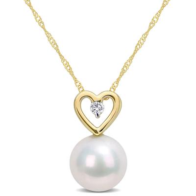 Single Pearl Necklace with Heart & Diamond Accent in 10K Yellow Gold
