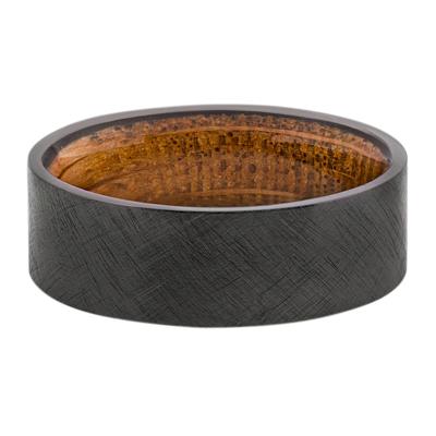 Men's Flat Band with Whiskey Barrel Wood Interior in Zirconium, 8MM