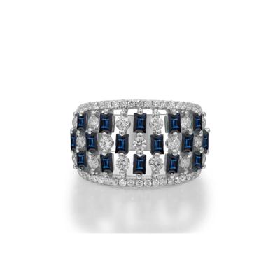 Blue Sapphire and Diamond Checkerboard Ring in 14K White Gold (1 ct. tw.)