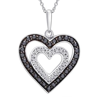 Double Heart Pendant with Black & White Diamonds in Sterling Silver (1/3 ct. tw.)