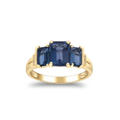 London Blue Topaz Three Stone Ring with Diamond Accent in 10K Yellow Gold