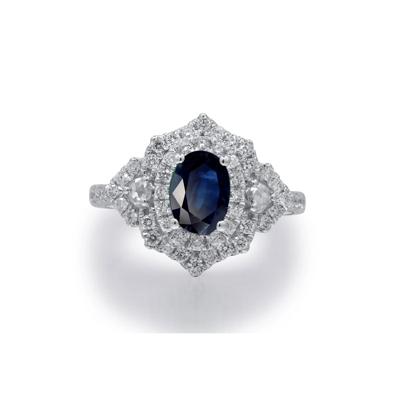 Blue Sapphire and Diamond Ornate Ring in 14K White Gold (7/8 ct. tw.)