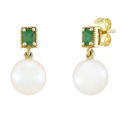 Freshwater Cultured Pearl and Emerald Earrings in 10K Yellow Gold