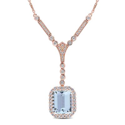 Aquamarine and Diamond Halo Drop Necklace in 14K Rose Gold (5/8 ct. tw.)