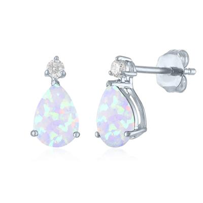 Opal and Lab-Created White Sapphire Birthstone Earrings in 10K White Gold