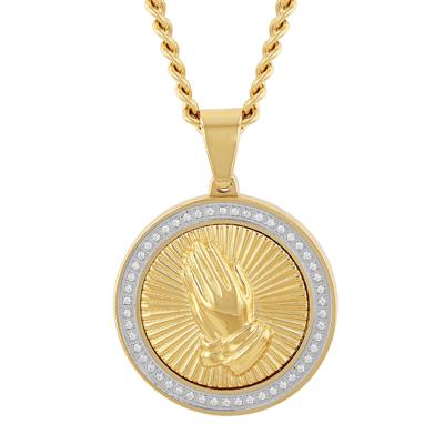 Praying Hands Medallion in Yellow Gold-Tone Ion-Plated Stainless Steel (1/4 ct. tw.)