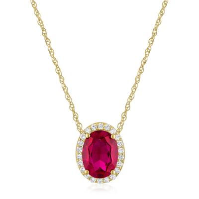Oval Lab-Created Ruby and Diamond Accent Halo Pendant in 10K Yellow Gold