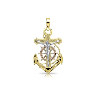 Polished Tricolor Crucifix & Anchor in 14K Gold
