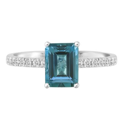 Emerald-Cut London Blue Topaz Ring with Diamond Side Stones in 14K White Gold (1/3 ct. tw.)