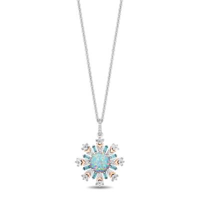 Elsa Snowflake Lab-Created Opal and Diamond Pendant in Sterling Silver and 10K Rose Gold (1/5 ct. tw.)