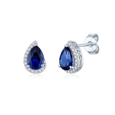 Lab-Created Blue Sapphire and Diamond Accent Pear-Shaped Half Halo Earrings in Sterling Silver