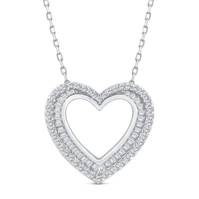 Round and Baguette Diamond Heart Pendant in 10K White Gold (1/2 ct. tw.)