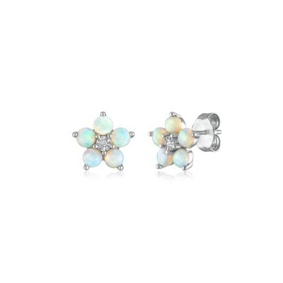 Opal & Diamond Accent Flower Earrings in 14K White Gold