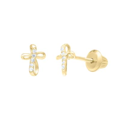 Children's White Topaz Cross Stud Earrings in 14K Yellow Gold