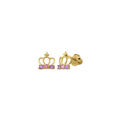 Children's Princess Tiara Earrings with Pink & Purple Cubic Zirconia in 14K Yellow Gold