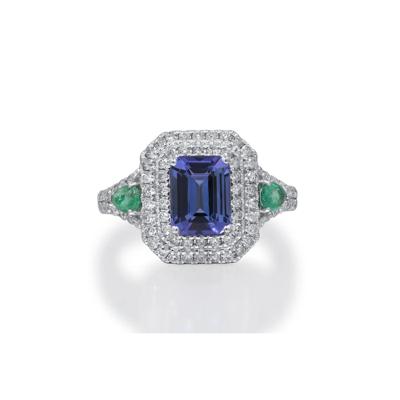 Tanzanite & Emerald Double Halo Ring in 14K White Gold (1/2 ct. tw.)