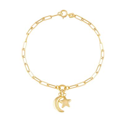 Paperclip Chain Bracelet with Moon & Star Charms in 14K Yellow Gold, 7.5”