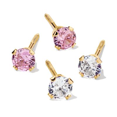 Children's Pink & White Cubic Zirconia Stud Earring Set in 14K Yellow Gold