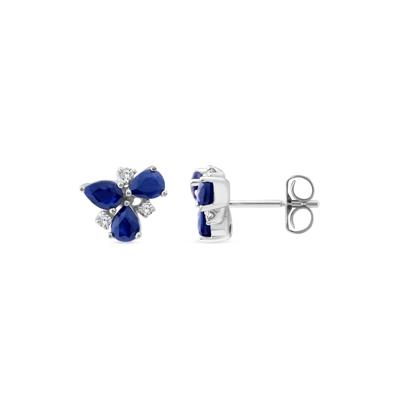 Pear-Shaped Blue Sapphire and Diamond Accent Cluster Stud Earrings in 10K White Gold