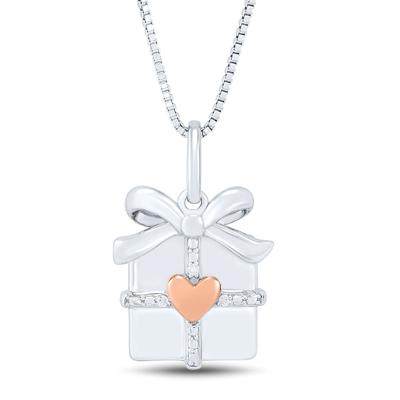 Gift Box Pendant with Diamond Accents in Sterling Silver and 14K Rose Gold