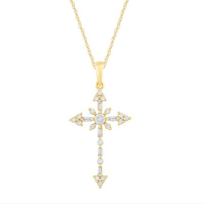 Round and Baguette Diamond Cross Pendant in 10K Yellow Gold (1/4 ct. tw.)