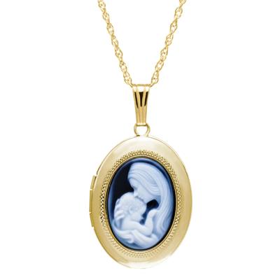 Blue Agate Mother and Child Locket Pendant in 14K Yellow Gold