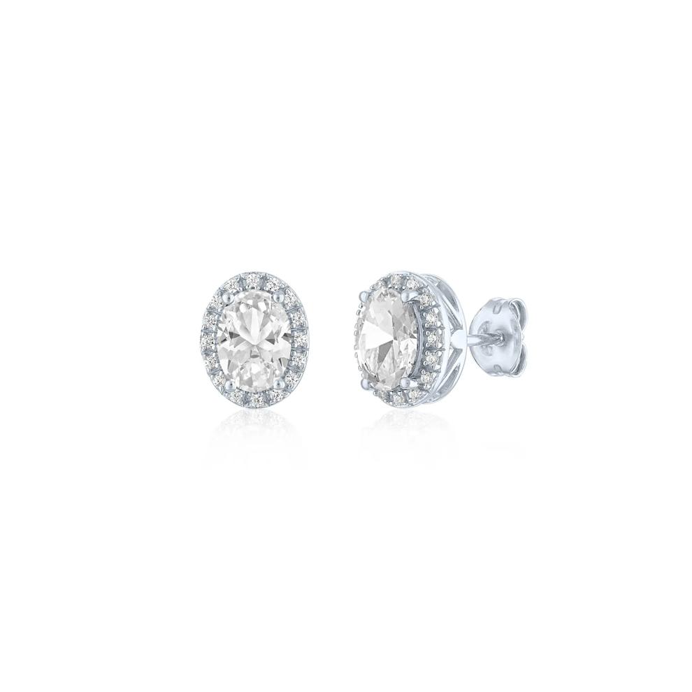Lab-Created White Sapphire and Diamond Halo Earrings in Sterling Silver (1/10 ct. tw.) – Image 1 of 1