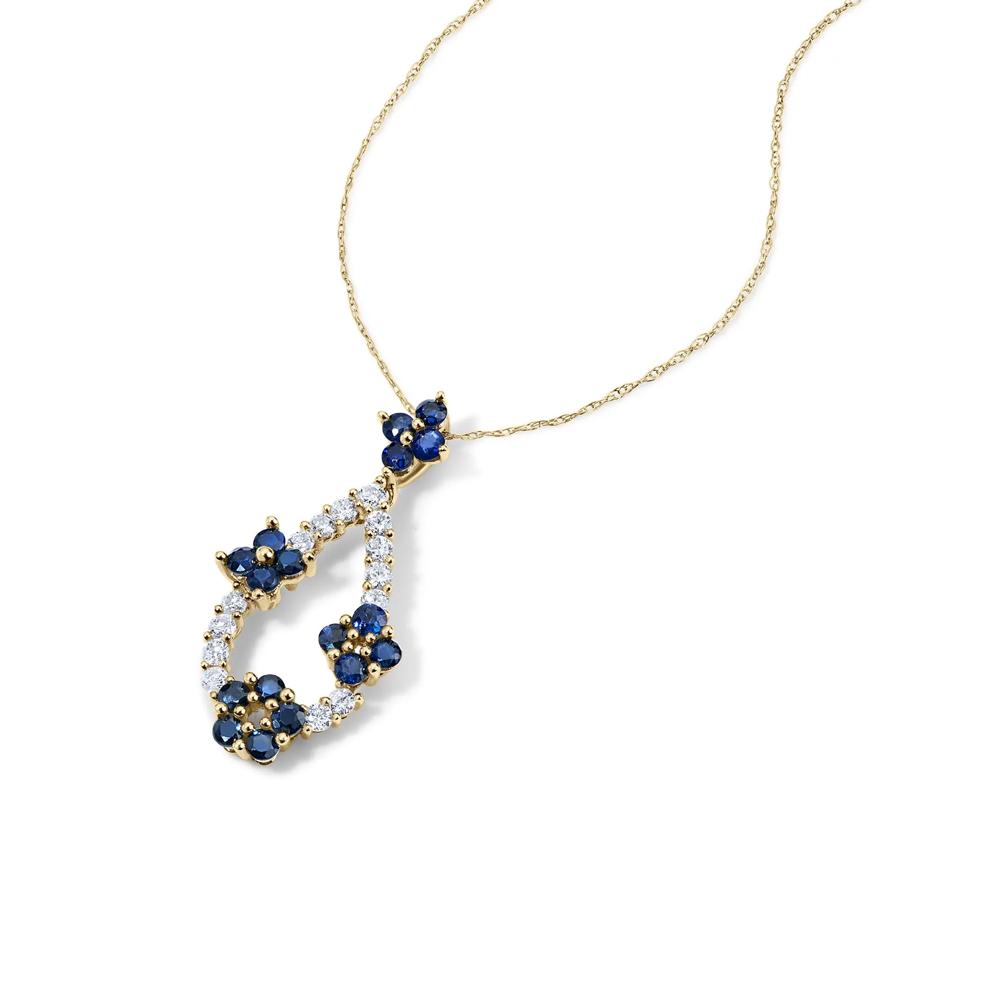 Blue Sapphire &amp; Diamond Drop Pendant Necklace in 14K Yellow Gold (1/4 ct. tw.) – Image 4 of 4