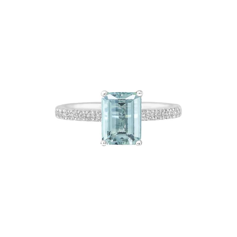 Emerald-Cut Aquamarine Ring with Diamond Side Stones in 14K White Gold &#40;1/3 ct. tw.&#41; – Image 1 of 3