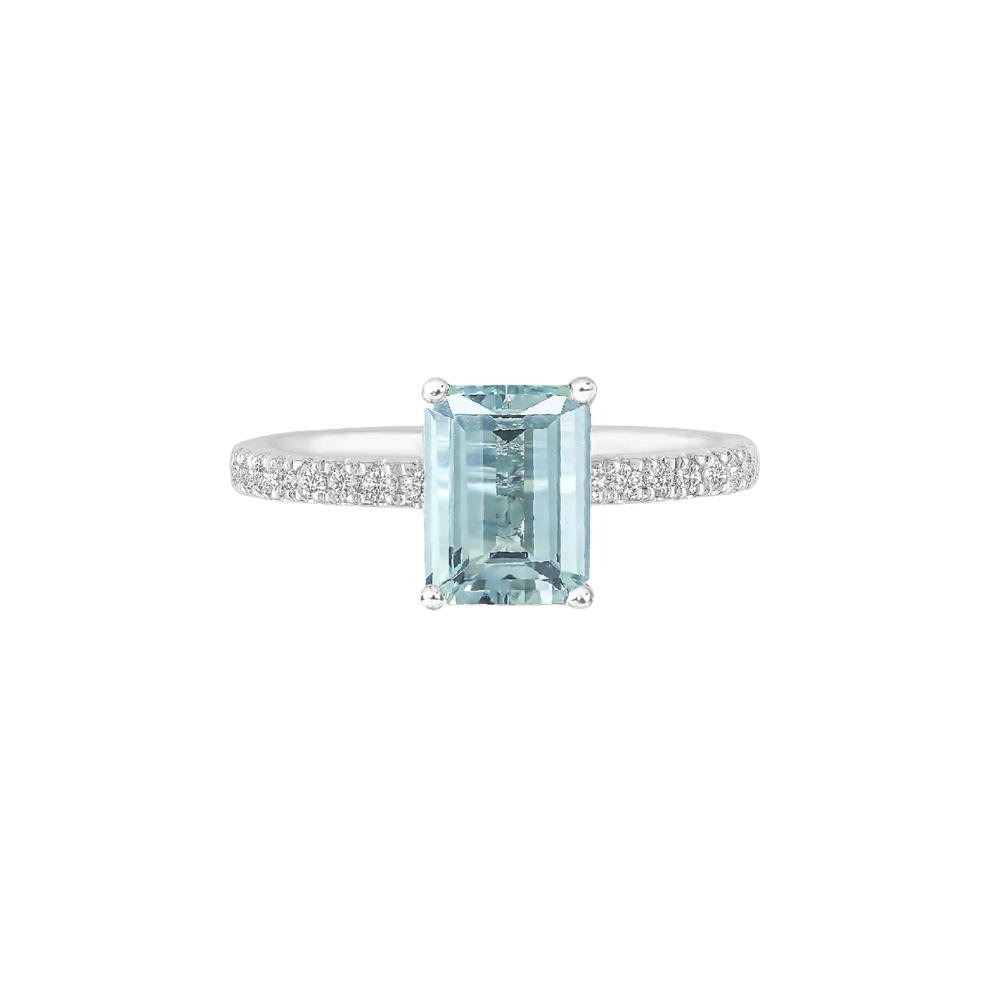 Emerald-Cut Aquamarine Ring with Diamond Side Stones in 14K White Gold (1/3 ct. tw.) – Image 1 of 3